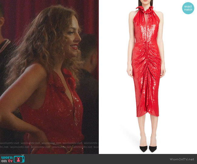 Magda Butrym Ruched Sequin Sheath Dress worn by Fallon Carrington (Elizabeth Gillies) on Dynasty