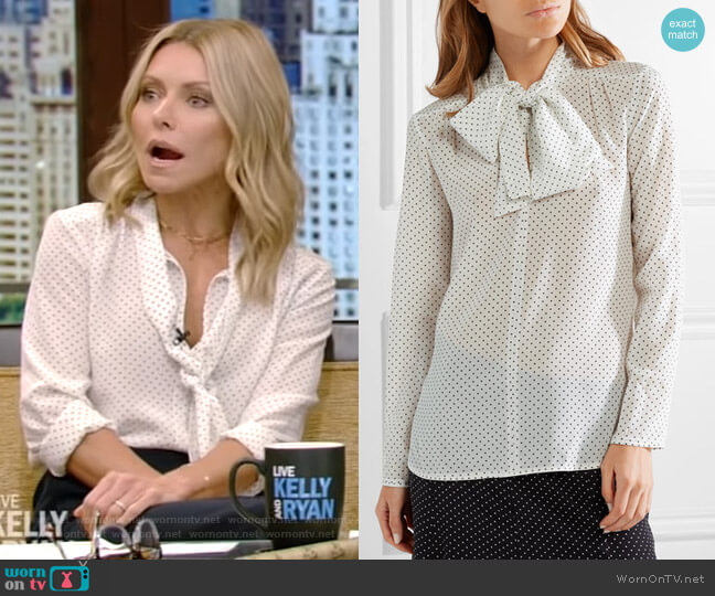 Max Mara Silk Polka Dot Tie-Neck Blouse worn by Kelly Ripa on Live with Kelly and Mark