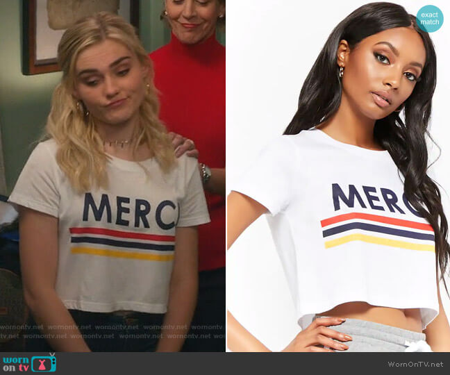 Forever 21 Merci Graphic Cropped Tee worn by Taylor Otto (Meg Donnelly) on American Housewife