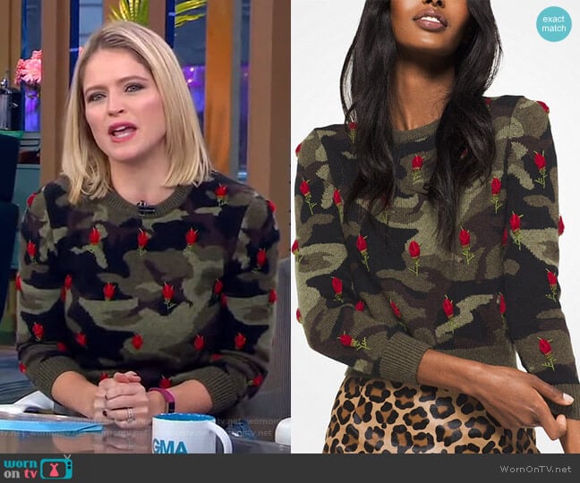 Michael Kors Rose Embroidered Camouflage Cashmere Pullover worn by Sara Haines on Good Morning America