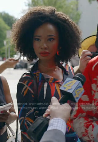 Monica’s black bamboo print blouse on Dynasty