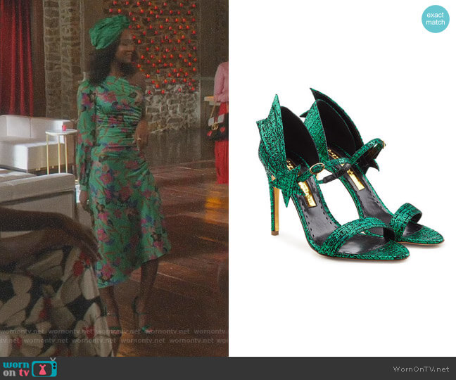 Rupert Sanderson Metallic Tweed Leather Sandals worn by Monica Colby (Wakeema Hollis) on Dynasty