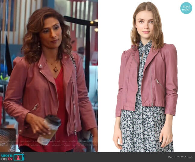 Rebecca Taylor Washed Leather Moto Jacket worn by Emet Kamala-Sweetzer (Sarayu Blue) on I Feel Bad