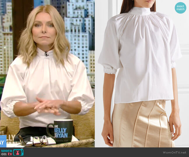 Rosetta Getty Tie-Back Pleated Blouse worn by Kelly Ripa on Live with Kelly and Mark