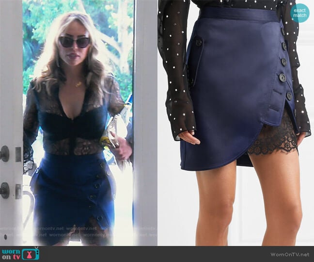 Self Portrait Lace-paneled wrap-effect satin mini skirt worn by Kelly Dodd on The Real Housewives of Orange County