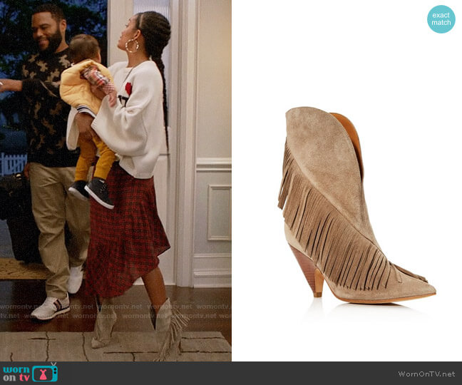 Sigerson Morrison Giliana Suede Fringe Western Booties worn by Zoey Johnson (Yara Shahidi) on Black-ish