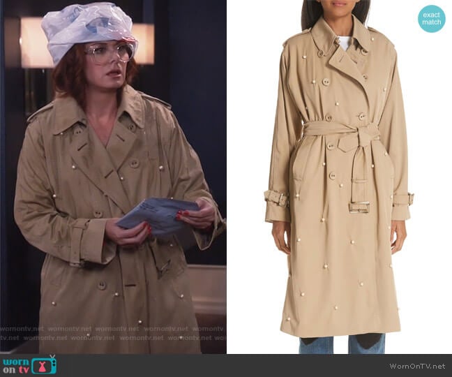 Tu es mon TRESOR Imitation Pearl Embellished Trench Coat worn by Grace Adler (Debra Messing) on Will and Grace