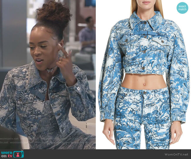 Off-White Tapestry Print Crop Denim Jacket worn by Tiana Brown (Serayah McNeill) on Empire
