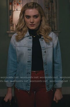 Taylor’s pearl embellished denim jacket on American Housewife