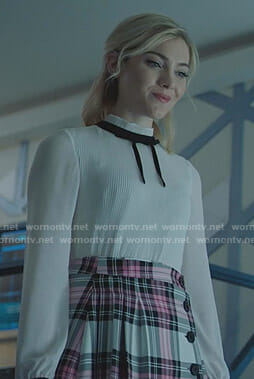 The Frost Sisters’ pleated tie neck blouse and plaid mini skirt on The Gifted
