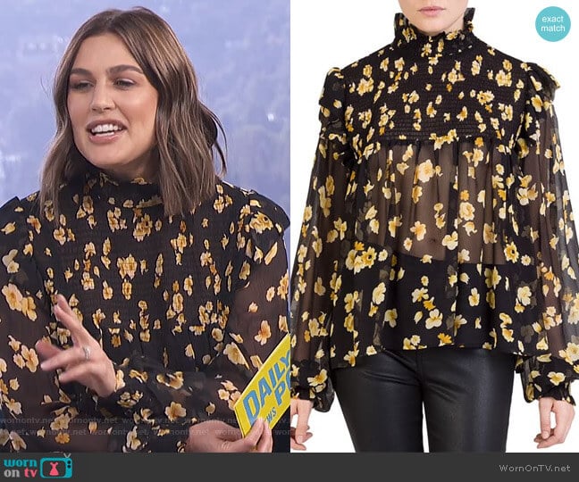 The Kooples Silk Smocked Floral-Print Top worn by Carissa Loethen Culiner on E! News