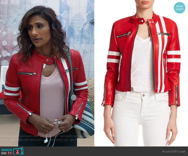 The Mighty Company Side Striped Leather Jacket worn by Emet Kamala-Sweetzer (Sarayu Blue) on I Feel Bad