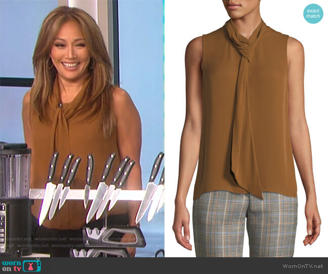 Theory Draped Tie-Neck Sleeveless Classic Silk Georgette Shell worn by Carrie Inaba on The Talk