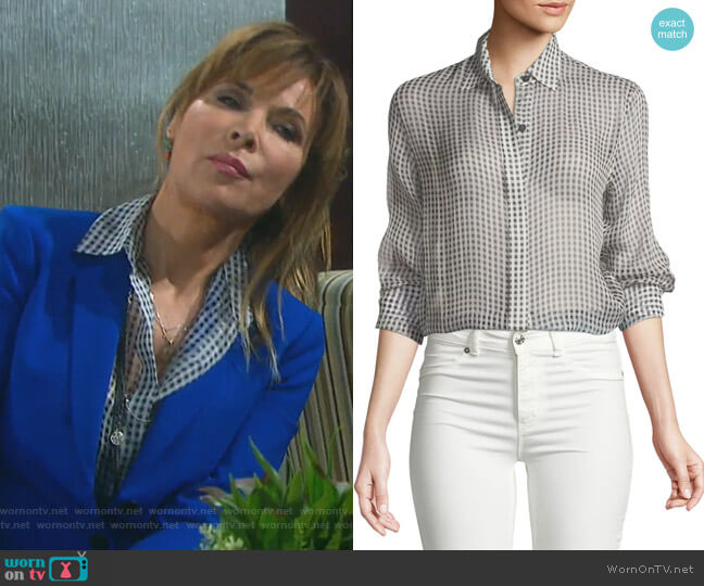 Theory Gingham Essential Silk Button-Down Top worn by Kate Roberts (Lauren Koslow) on Days of our Lives