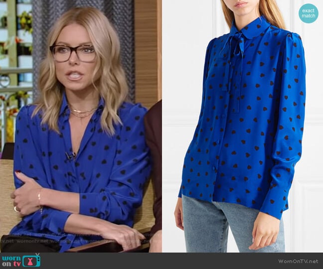 Valentino Pussy-Bow Printed Silk Blouse worn by Kelly Ripa on Live with Kelly and Mark