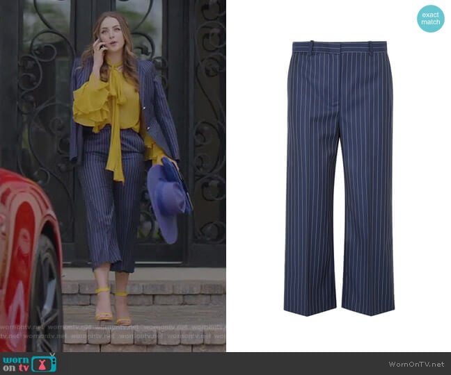 Versace Cropped Striped Wide-Leg Pants worn by Fallon Carrington (Elizabeth Gillies) on Dynasty
