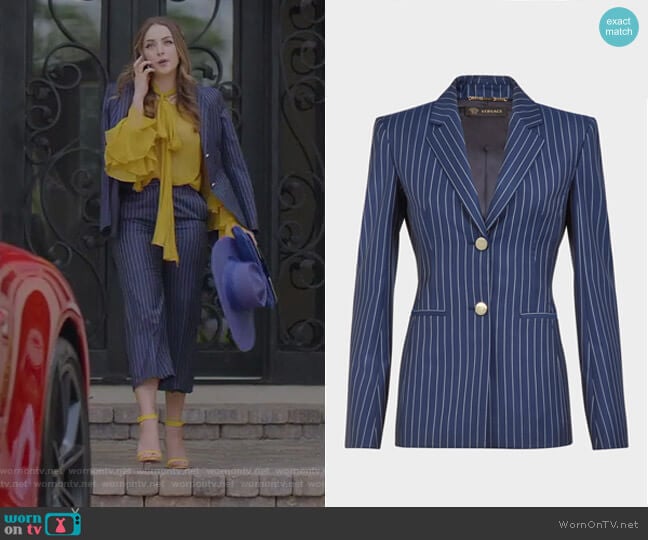 Versace Pin Stripe Wool Blazer worn by Fallon Carrington (Elizabeth Gillies) on Dynasty