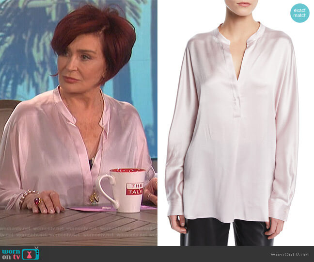 Vince Split-Neck Long-Sleeve Silk Satin Blouse worn by Sharon Osbourne on The Talk