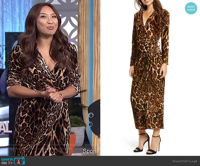 WAYF Gwyneth Velvet Wrap Midi Dress worn by Jeannie Mai on The Real