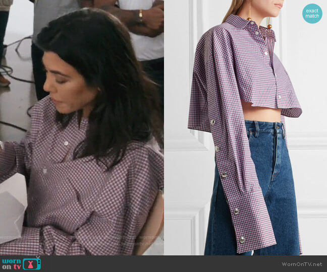 Y/Project Cropped checked cotton-poplin shirt worn by Kourtney Kardashian on Keeping Up with the Kardashians