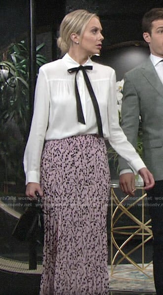 Abby’s pink floral midi skirt and white blouse on The Young and the Restless