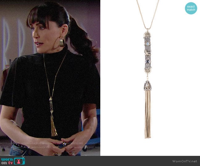 Alexis Bittar Stone Studded Chain Mesh Tassel Pendant Necklace worn by Quinn Fuller (Rena Sofer) on The Bold and the Beautiful
