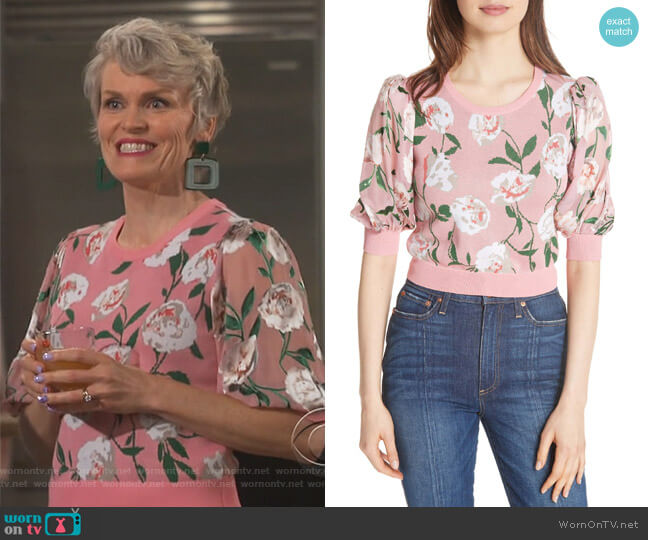 Alice + Olivia Brandy Floral Puff Crop Sweater worn by Bonnie (Stephnie Weir) on Happy Together