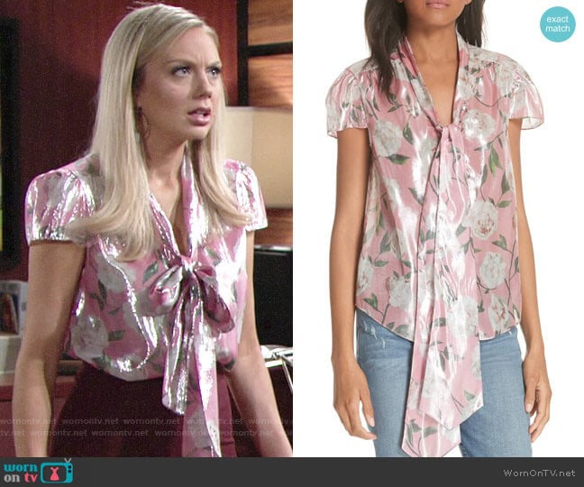 Alice + Olivia Jeannie Top in Peony Garden Wall/ Bubblegum worn by Abby Newman (Melissa Ordway) on The Young and the Restless