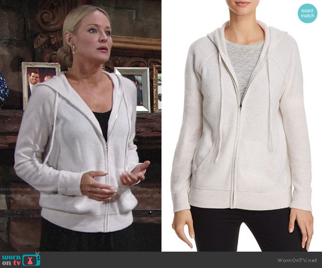 Aqua Zip-Front Cashmere Hoodie worn by Sharon Newman (Sharon Case) on The Young and the Restless