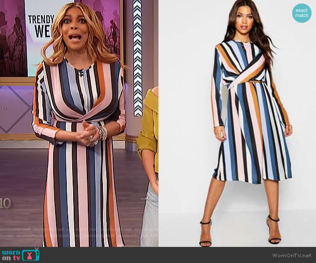 Boohoo Stripe Wrap Woven Tie Waist Detail Dress worn by Wendy Williams on The Wendy Williams Show