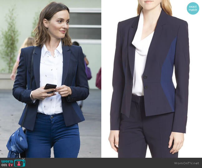 BOSS Jolia Patchwork Jacket worn by Angie (Leighton Meester) on Single Parents