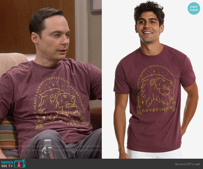 BoxLunch Harry Potter Gryffindor Sketch T-Shirt worn by Sheldon Cooper (Jim Parsons) on The Big Bang Theory