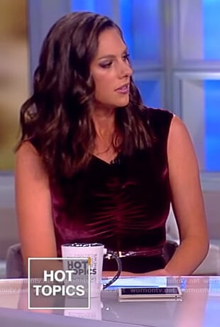 Abby’s maroon velvet sleeveless jumpsuit on The View