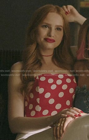 Cheryl’s red strapless polka dot top on Riverdale