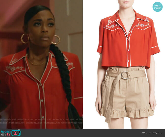 Cinq a Sept Sept Giselle Silk Crop Top worn by Anissa Pierce (Nafessa Williams) on Black Lightning