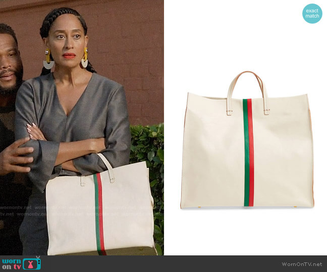 Clare V Simple Stripe Leather Tote worn by Rainbow Johnson (Tracee Ellis Ross) on Black-ish