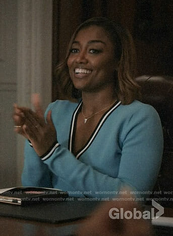 Daisy’s blue wrap sweater on Madam Secretary