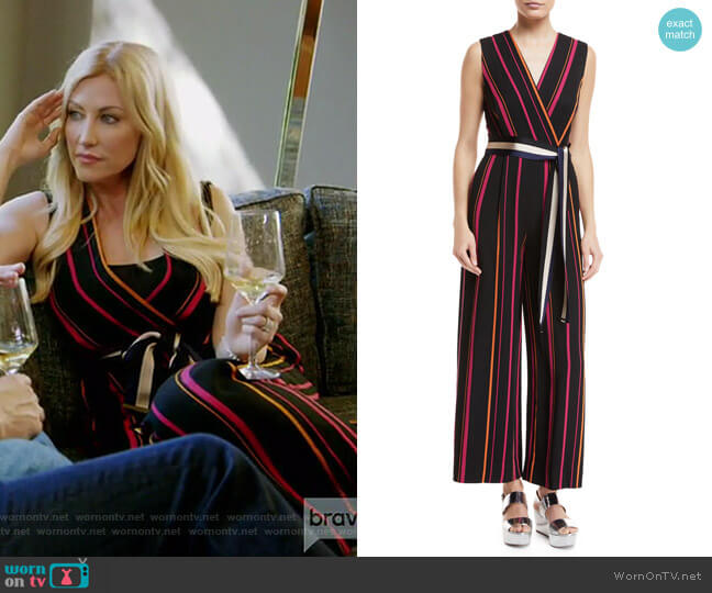 Diane von Furstenberg Sleeveless Crossover Wide-Leg Striped Jumpsuit worn by Stephanie Hollman on The Real Housewives of Dallas