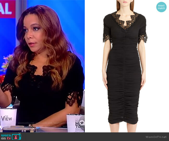 Dolce & Gabbana Crocheted lace-trimmed ruched silk-blend georgette dress worn by Sunny Hostin on The View