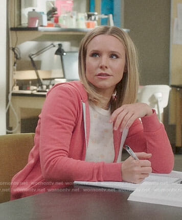 Eleanor’s white floral top and pink hoodie on The Good Place