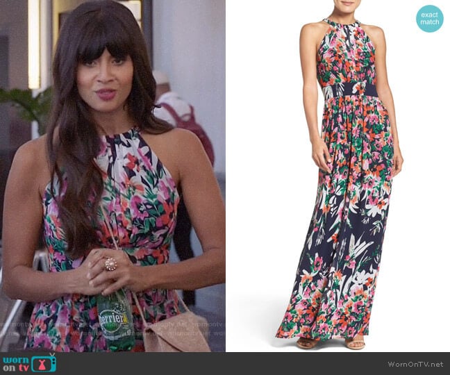 Eliza J Print Chiffon Halter Maxi Dress worn by Tahani Al-Jamil (Jameela Jamil) on The Good Place