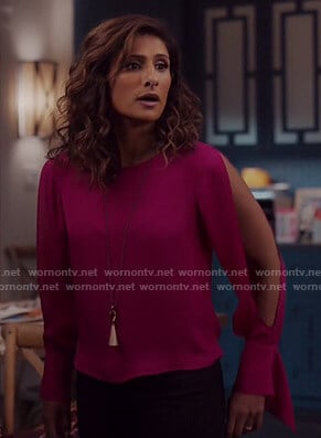 Emet’s pink split sleeve blouse on I Feel Bad