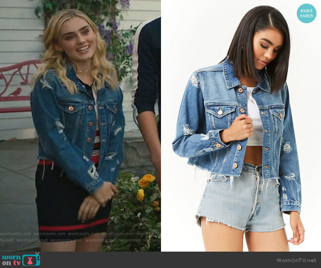 Forever 21 Cropped Distressed Denim Jacket worn by Taylor Otto (Meg Donnelly) on American Housewife