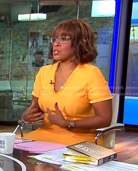 Gayle’s orange v-neck dress on CBS This Morning