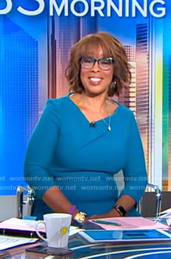 Gayle’s teal blue asymmetric v-neck dress on CBS This Morning