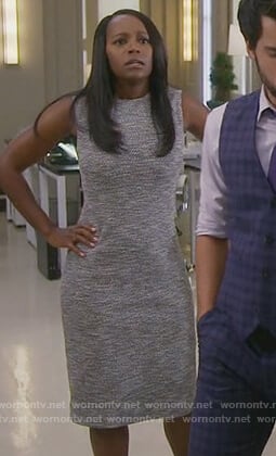 Michaela’s gray tweed sheath dress on How to Get Away with Murder