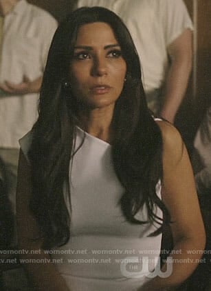 Hermione’s white asymmetric shoulder dress on Riverdale