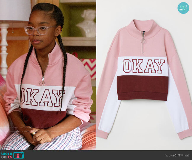 H&M Stand Up Collar Sweatshirt in Light Pink / Okay worn by Diane Johnson (Marsai Martin) on Black-ish