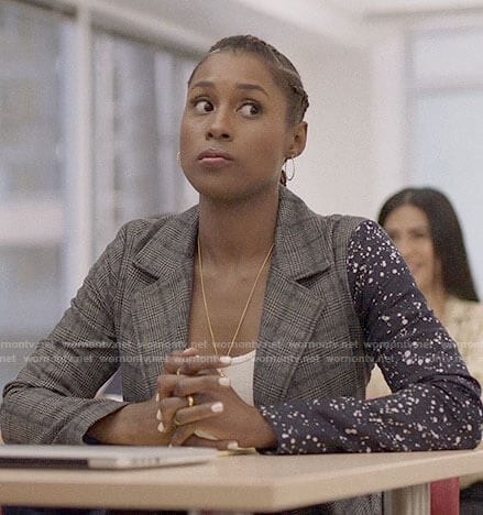 Issa’s plaid and paint splatter blazer on Insecure