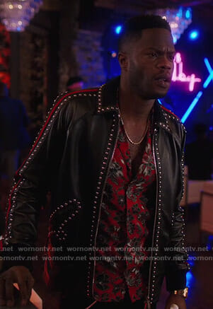 Jeff’s red floral shirt and studded leather jacket on Dynasty
